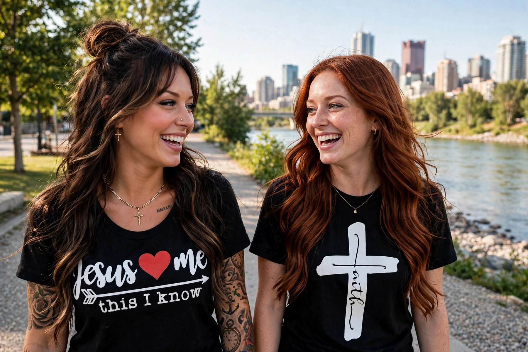 Jelah and Marley laughing on St. Patrick's Island in Calgary, wearing the Jesus Loves Me and Faith Cross tees