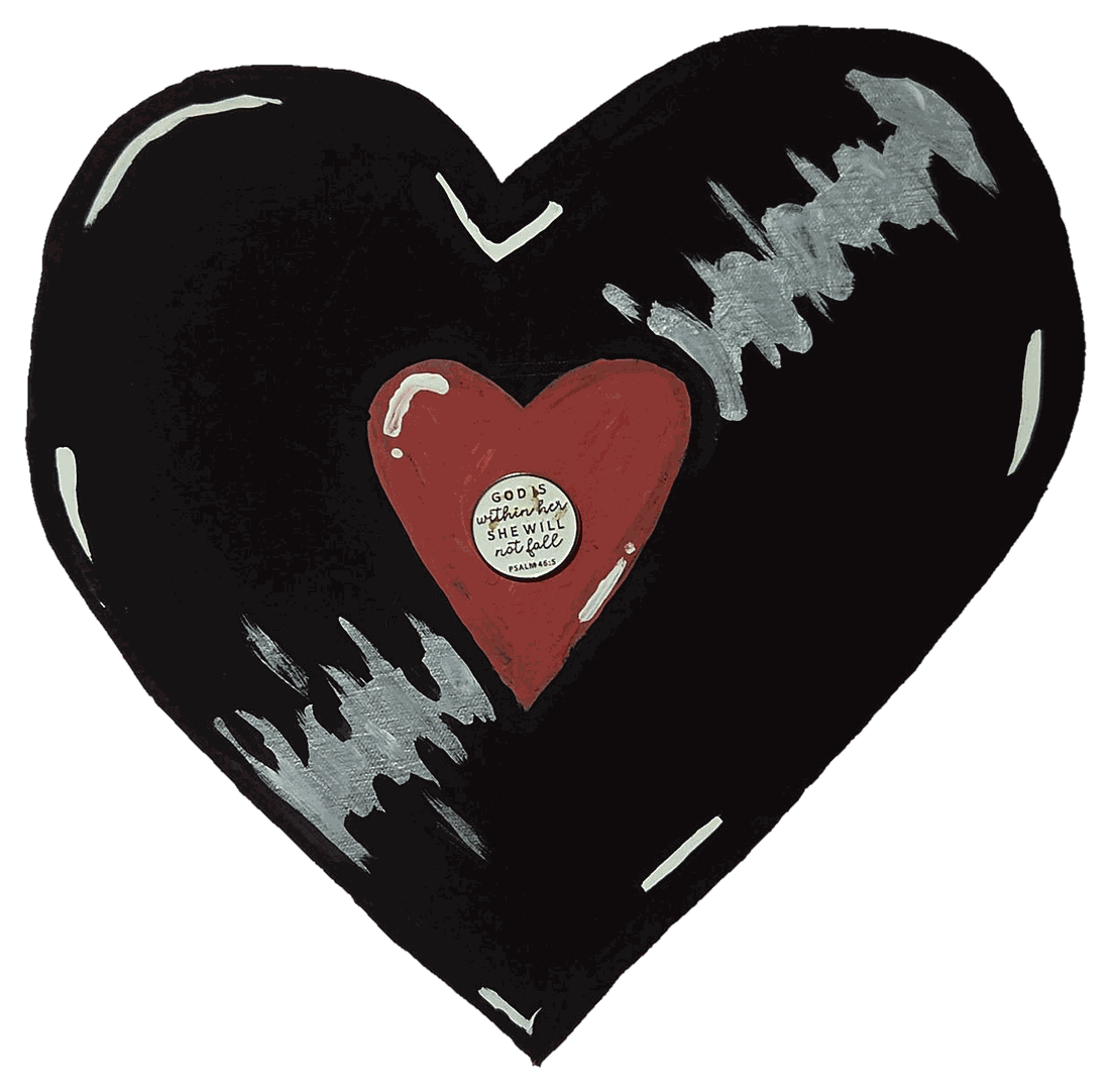 Heartbeat of Faith design artwork &mdash; Emma&rsquo;s hand-painted black heart with a red heart at its centre and a silver heartbeat line
