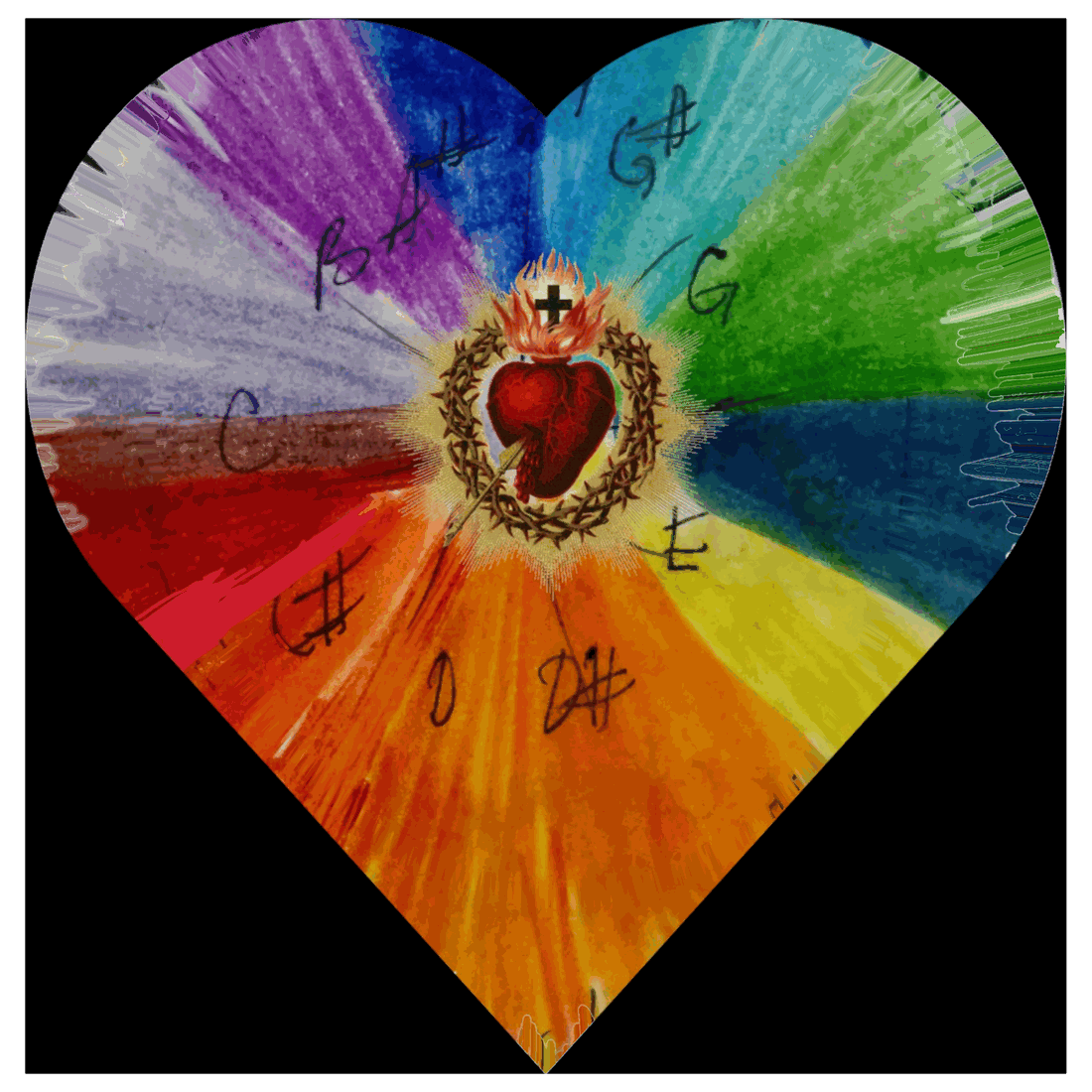 Heart of the Spectrum Heart design artwork &mdash; a rainbow spectrum wheel in a heart shape with a Sacred Heart at its centre