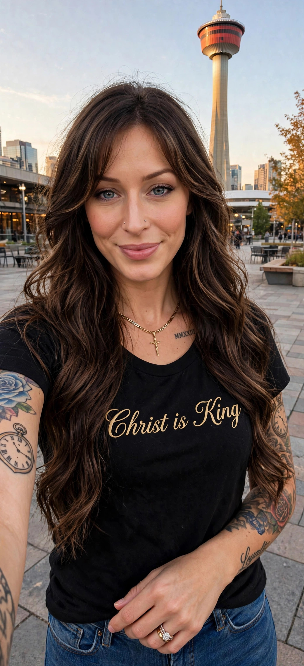 Jelah wearing the Christ Is King tee in gold script, the Calgary Tower behind her