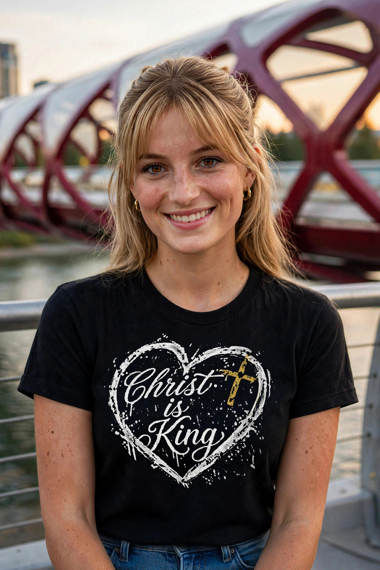 Sadie smiling on Calgary's Peace Bridge, wearing the Christ Is King heart design — the words in white script inside a distressed white heart with a small gold cross, the full design on show