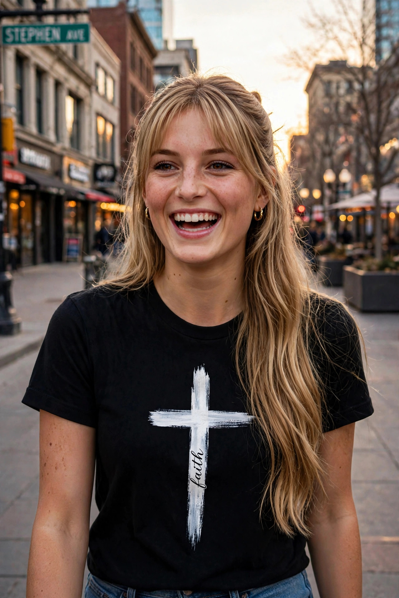 Sadie laughing on Stephen Avenue in Calgary, wearing the Faith Cross tee — a tall, narrow white brush-stroke cross with 'faith' in black cursive written down the stem, exactly as it prints in the shop