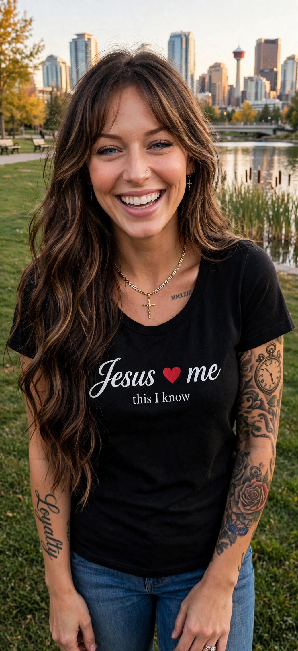 Jelah laughing on St. Patrick's Island, wearing the Jesus Loves Me tee, the Calgary skyline behind her