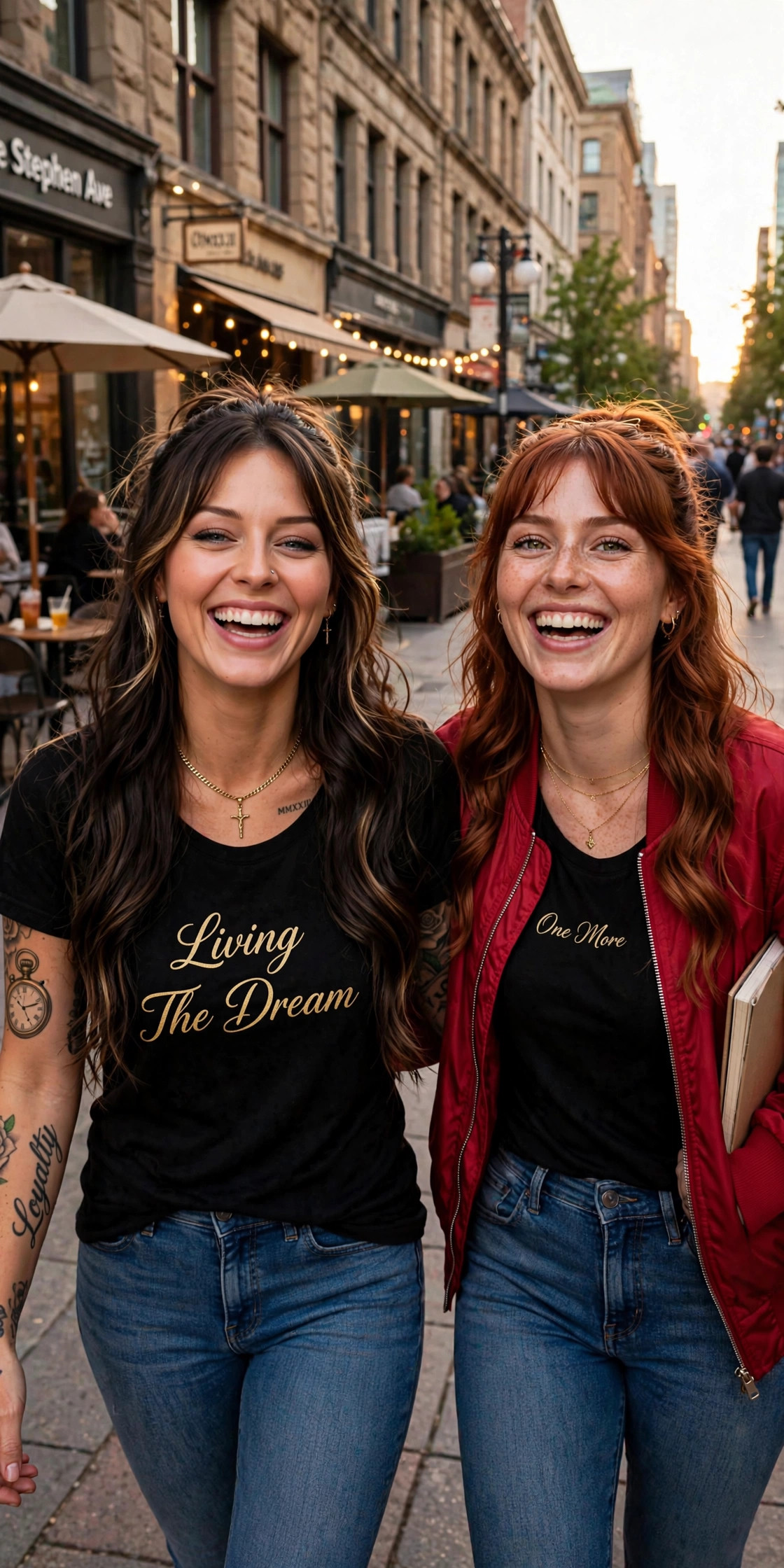 Jelah and Marley laughing together on Stephen Avenue — Jelah wearing the Living The Dream tee in gold script, Marley beside her in her red bomber
