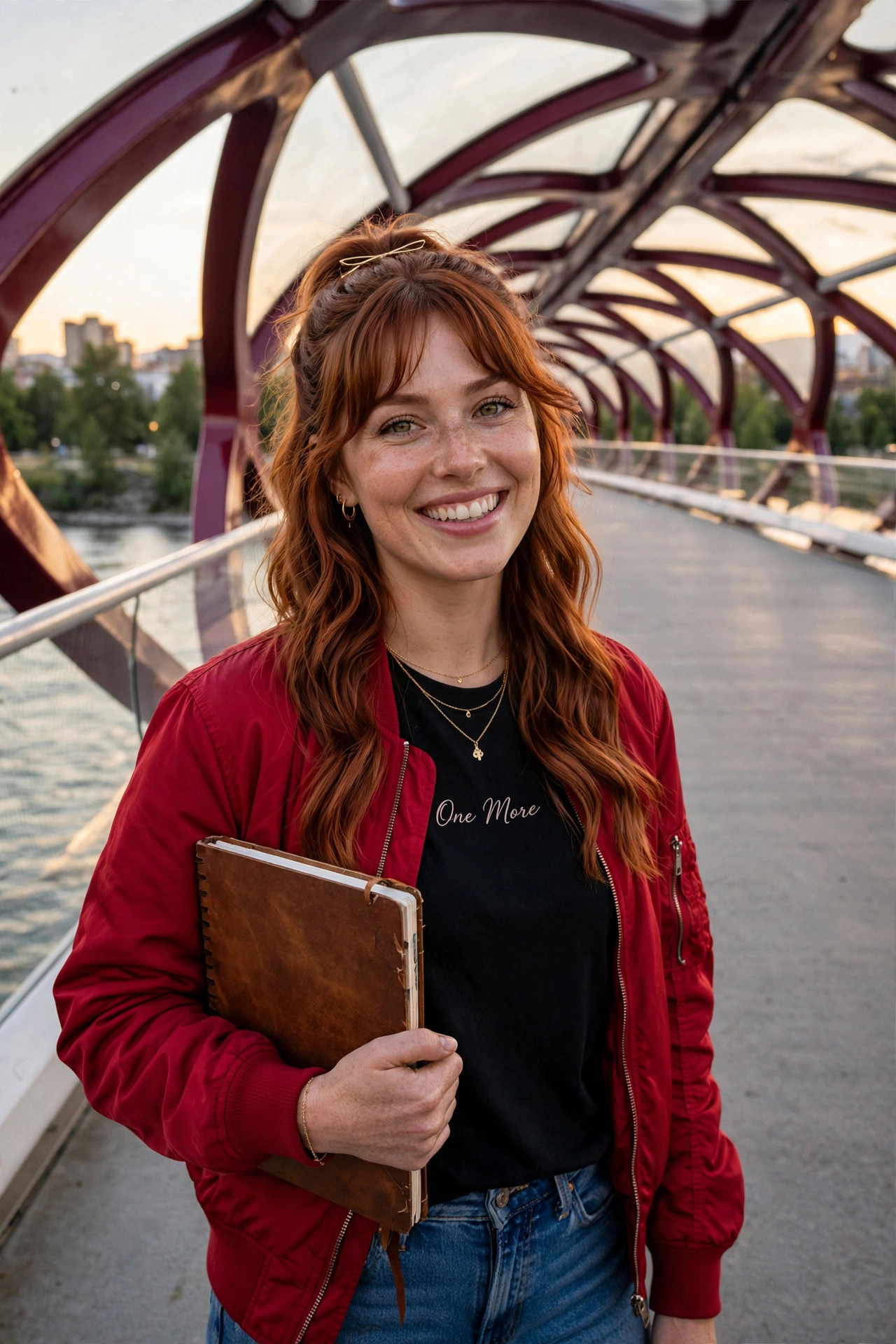 Marley smiling on Calgary's Peace Bridge in her red bomber, wearing the One More tee
