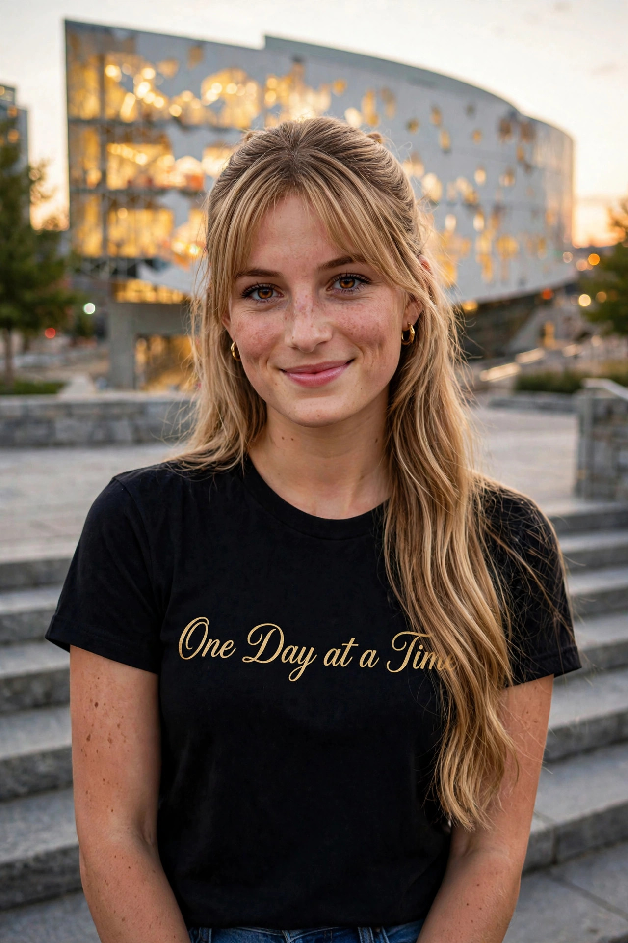 Sadie wearing the One Day at a Time tee in gold script, on the steps of Calgary's Central Library