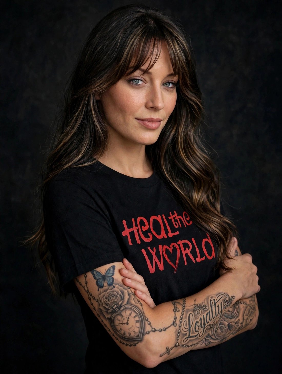 Jelah in the studio wearing the Heal the World tee — red brush letters with a heart for the O, her tattoos on her crossed arms