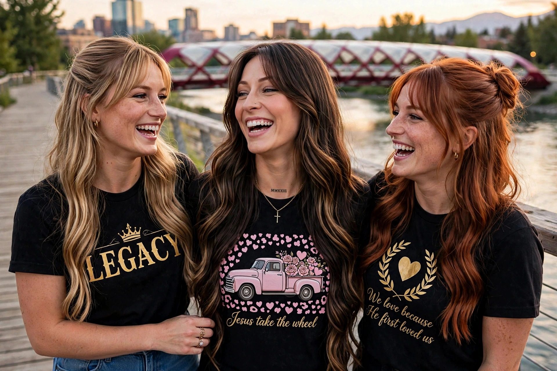 Sadie, Jelah and Marley laughing by the Bow River, Calgary's Peace Bridge behind them — Jelah in the middle wearing the Jesus Take the Wheel tee, a pink vintage truck full of roses