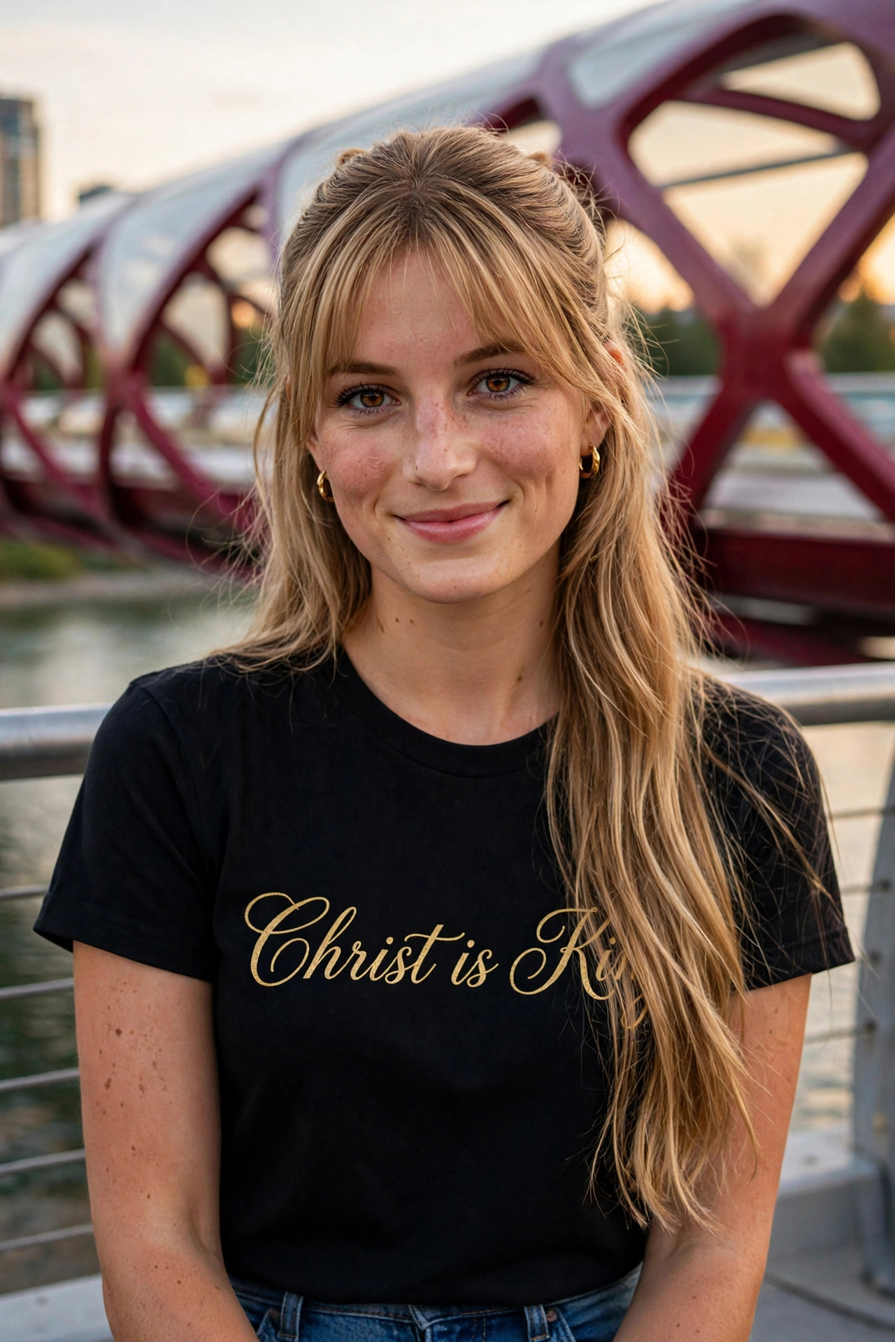 Sadie, JELKAL's third model — blonde, waist-length hair worn half-up with wispy bangs and golden-brown eyes — smiling on Calgary's Peace Bridge in the Christ Is King tee