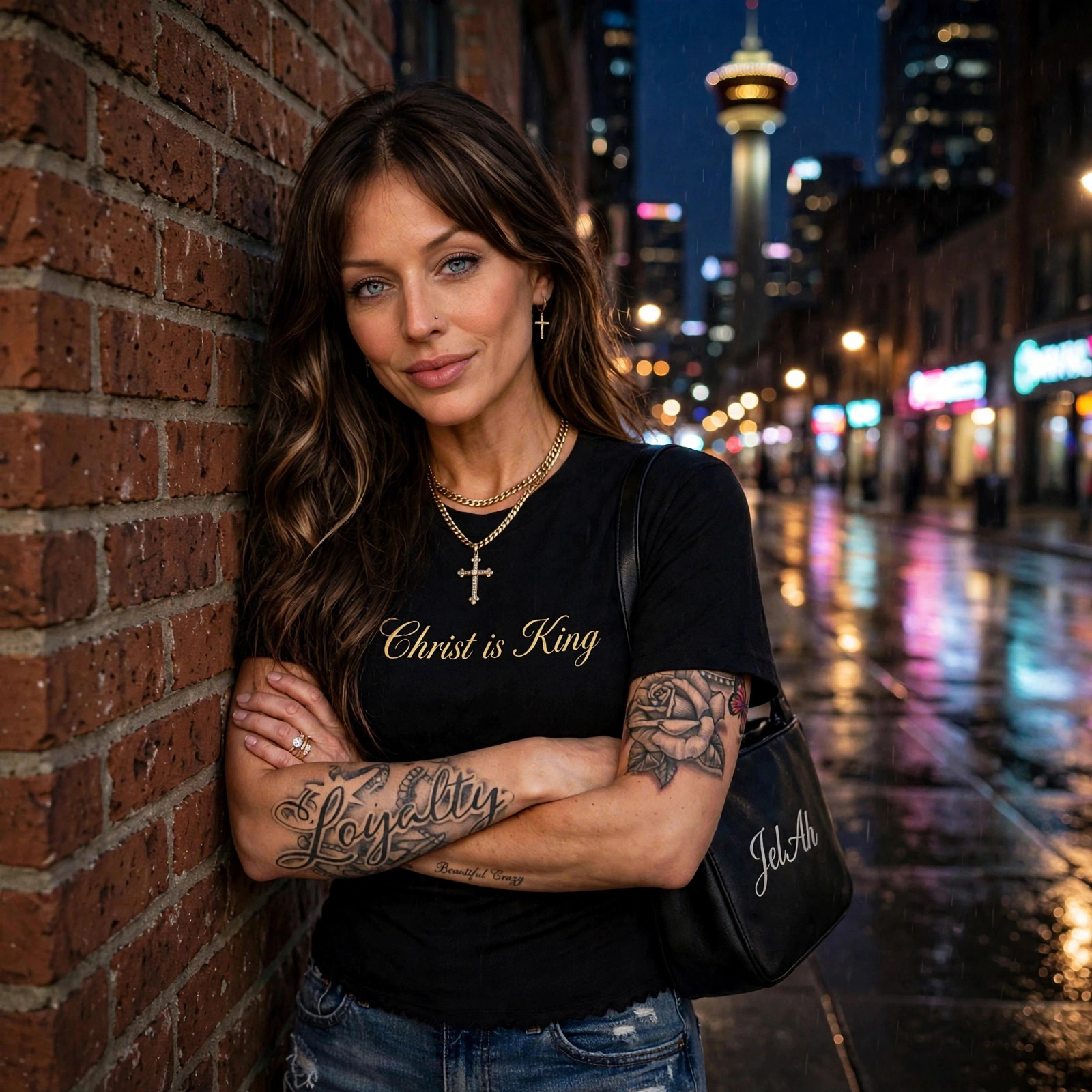 Jelah leaning on a brick wall on a rainy Calgary night, wearing the Christ Is King tee, the Calgary Tower lit behind her