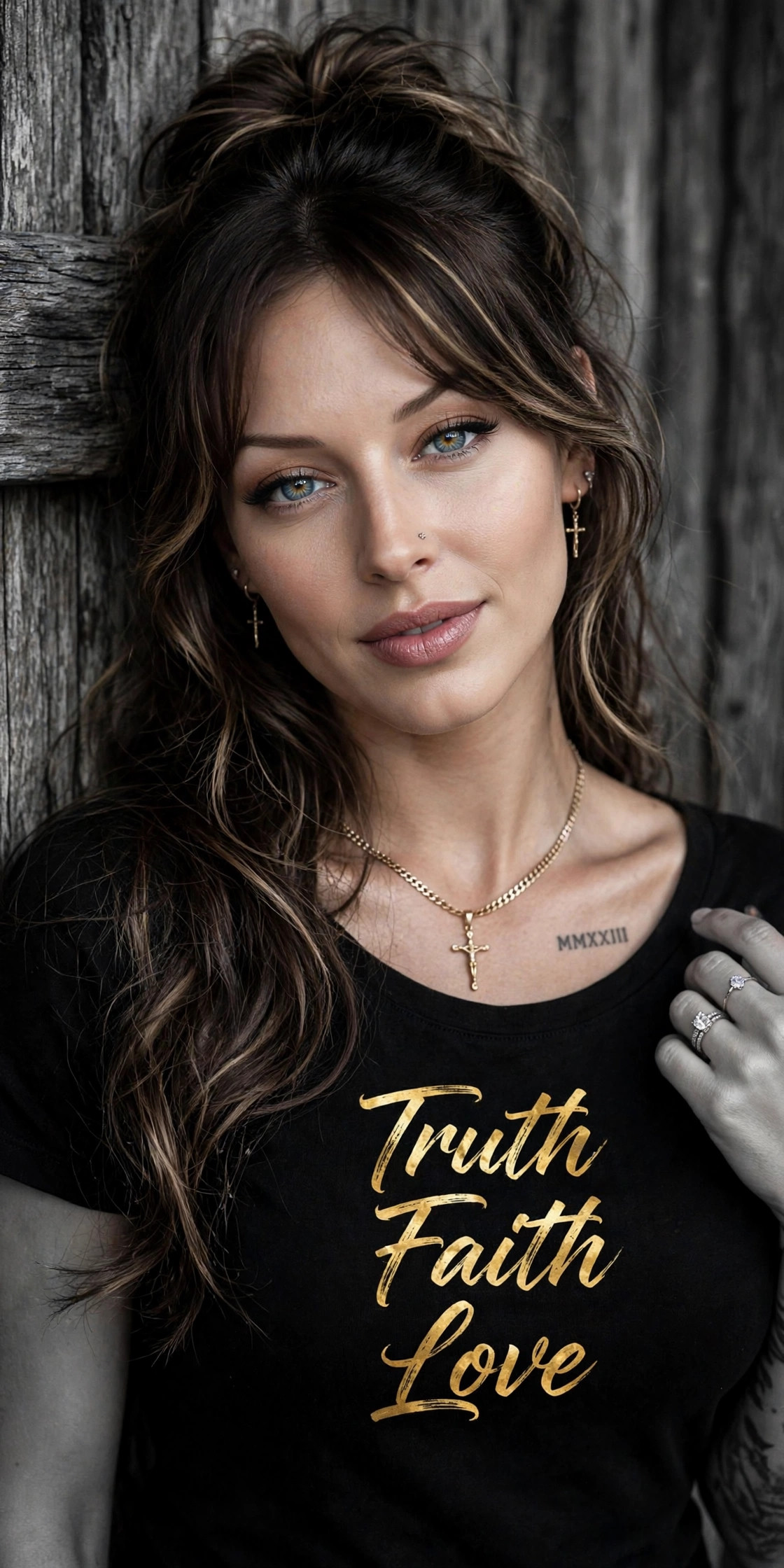 Black-and-white portrait of Jelah against weathered wood, wearing the Truth Faith Love tee in gold script, her blue eyes in colour