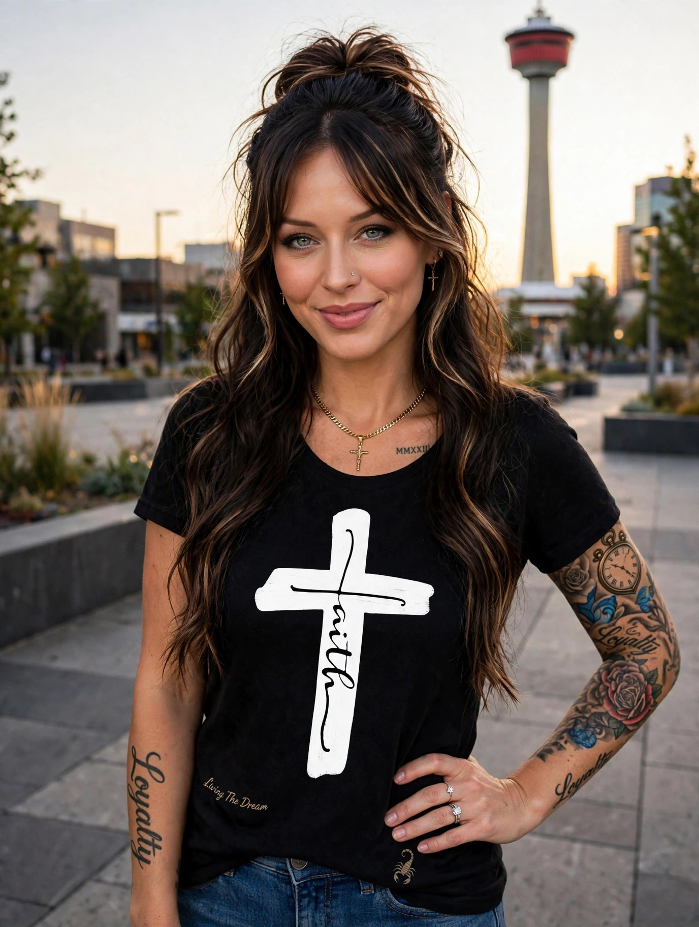 Jelah wearing the Faith Cross tee with the Calgary Tower behind her