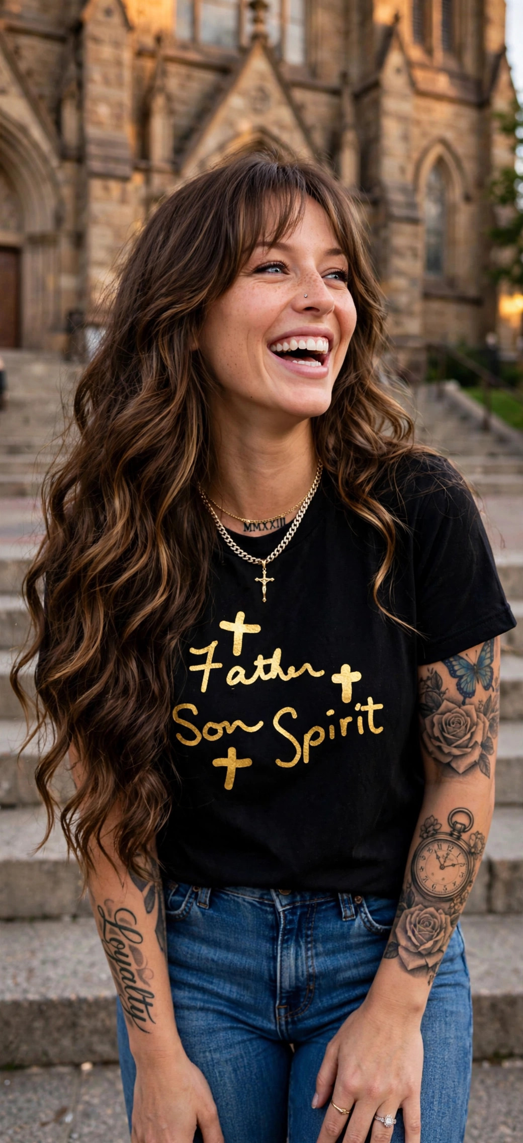 Jelah laughing on church steps, wearing the Father Son Spirit tee in gold