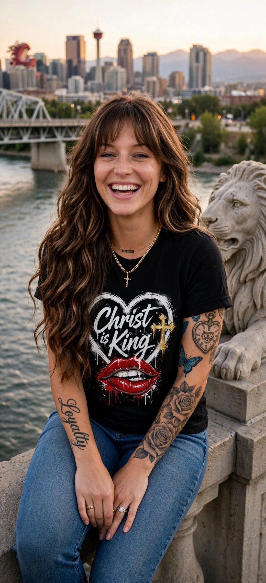 Jelah laughing beside the Centre Street lion, wearing the Christ Is King heart-and-lips tee, the Bow River and Calgary skyline behind her
