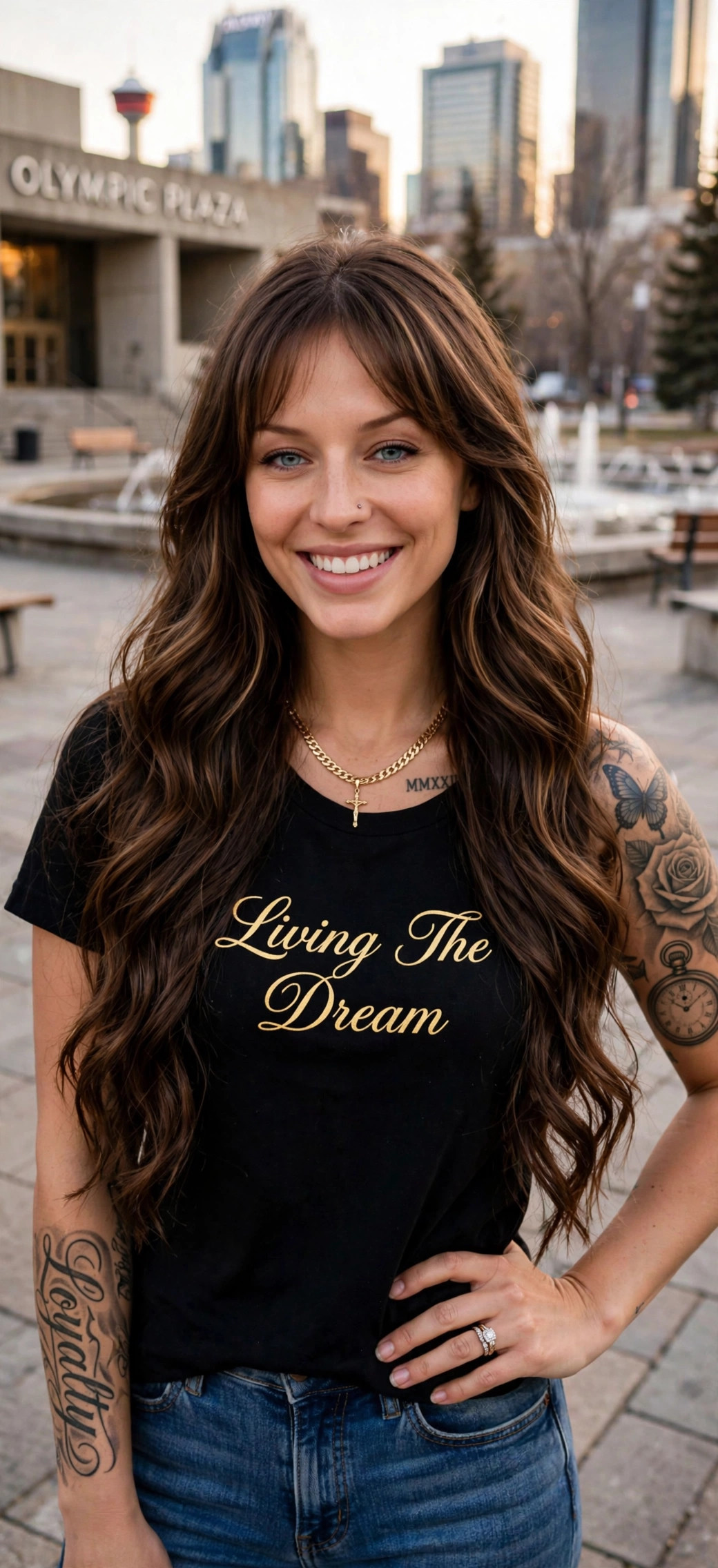Jelah at Olympic Plaza in Calgary, wearing the Living The Dream tee in gold script