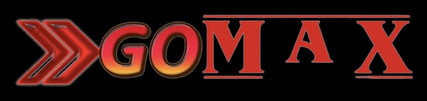 GO MAX design artwork — a red double chevron with GO in red gradient lettering and MAX in red serif capitals, on black