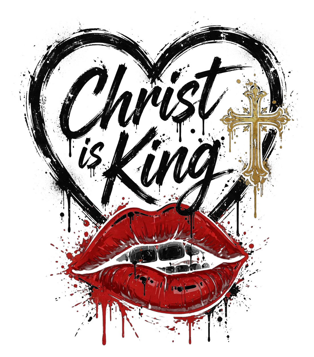 Christ Is King Lip Art — Inverted design artwork — the words in black script inside a black heart with a small gold cross and red lips below, on white for light shirts