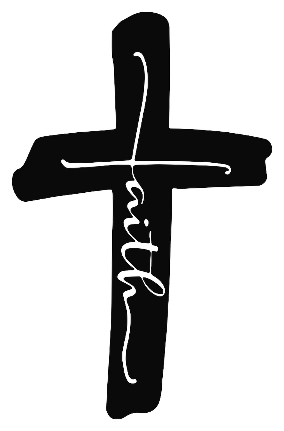 Faith Cross — Inverted design artwork — a tall black brush-stroke cross with faith written in white down the stem, on white for light shirts