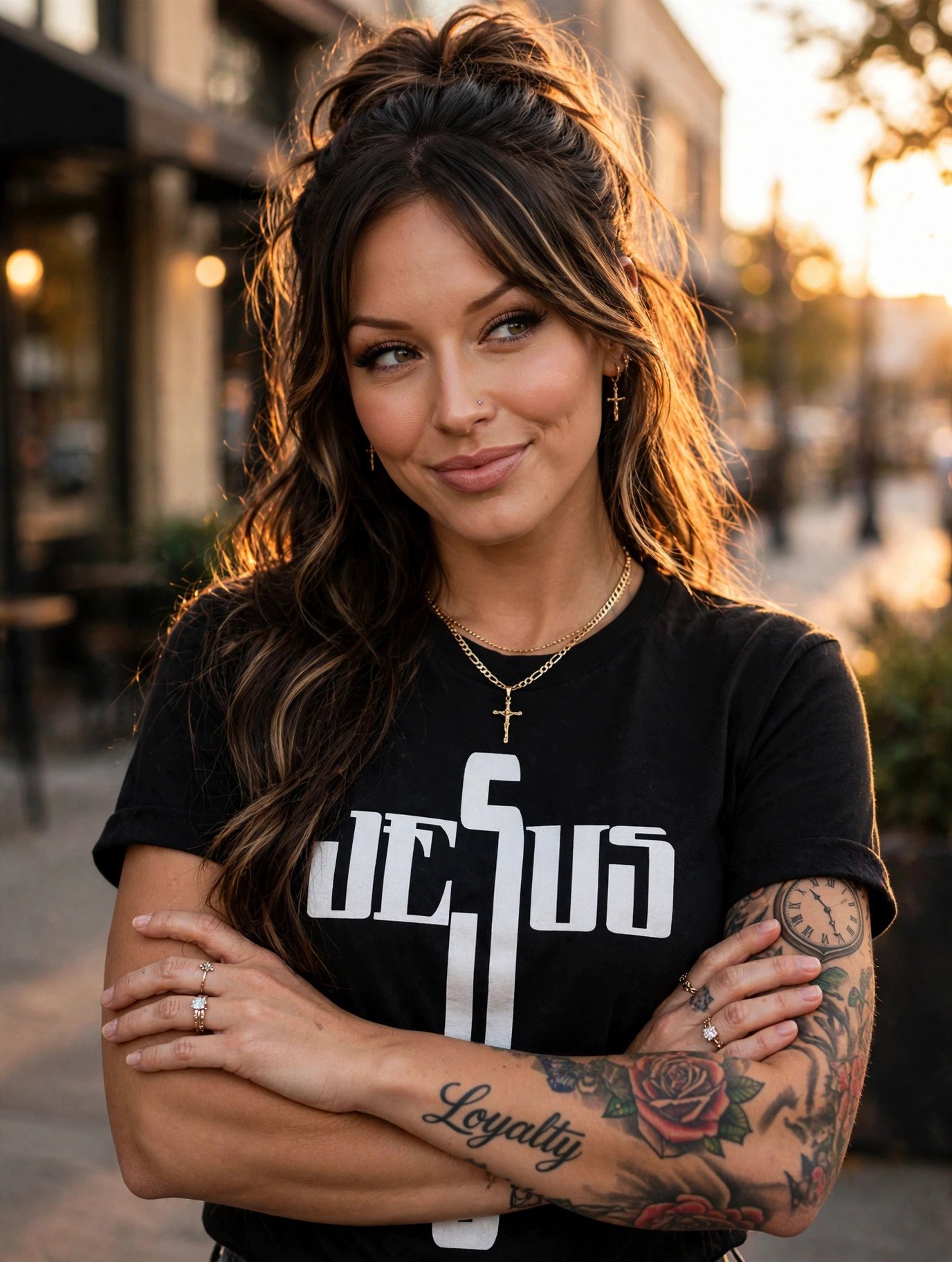 Jelah with arms crossed, wearing the JESUS gold cross tee