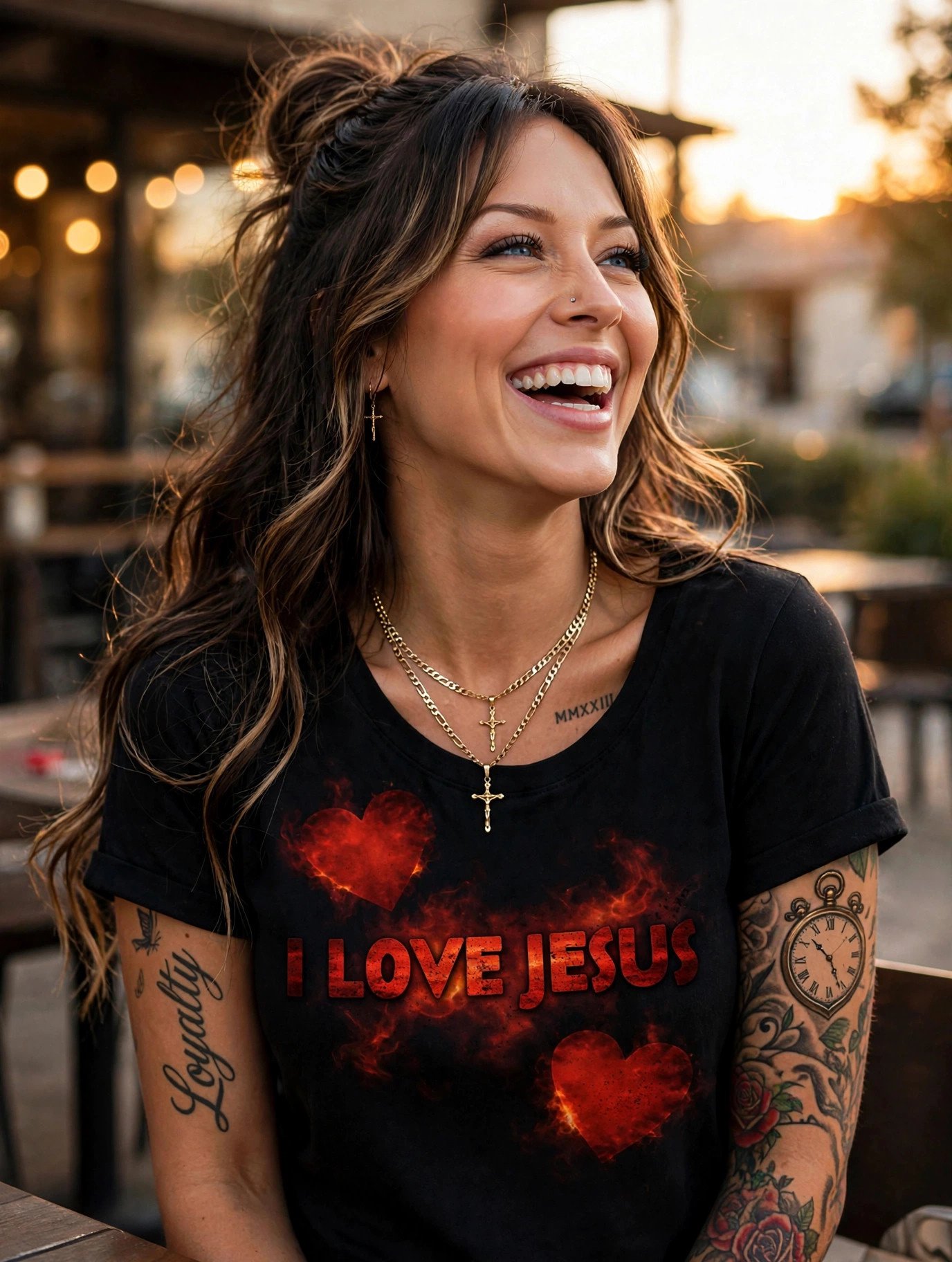 Jelah laughing, wearing the I Love Jesus tee in red lettering over black