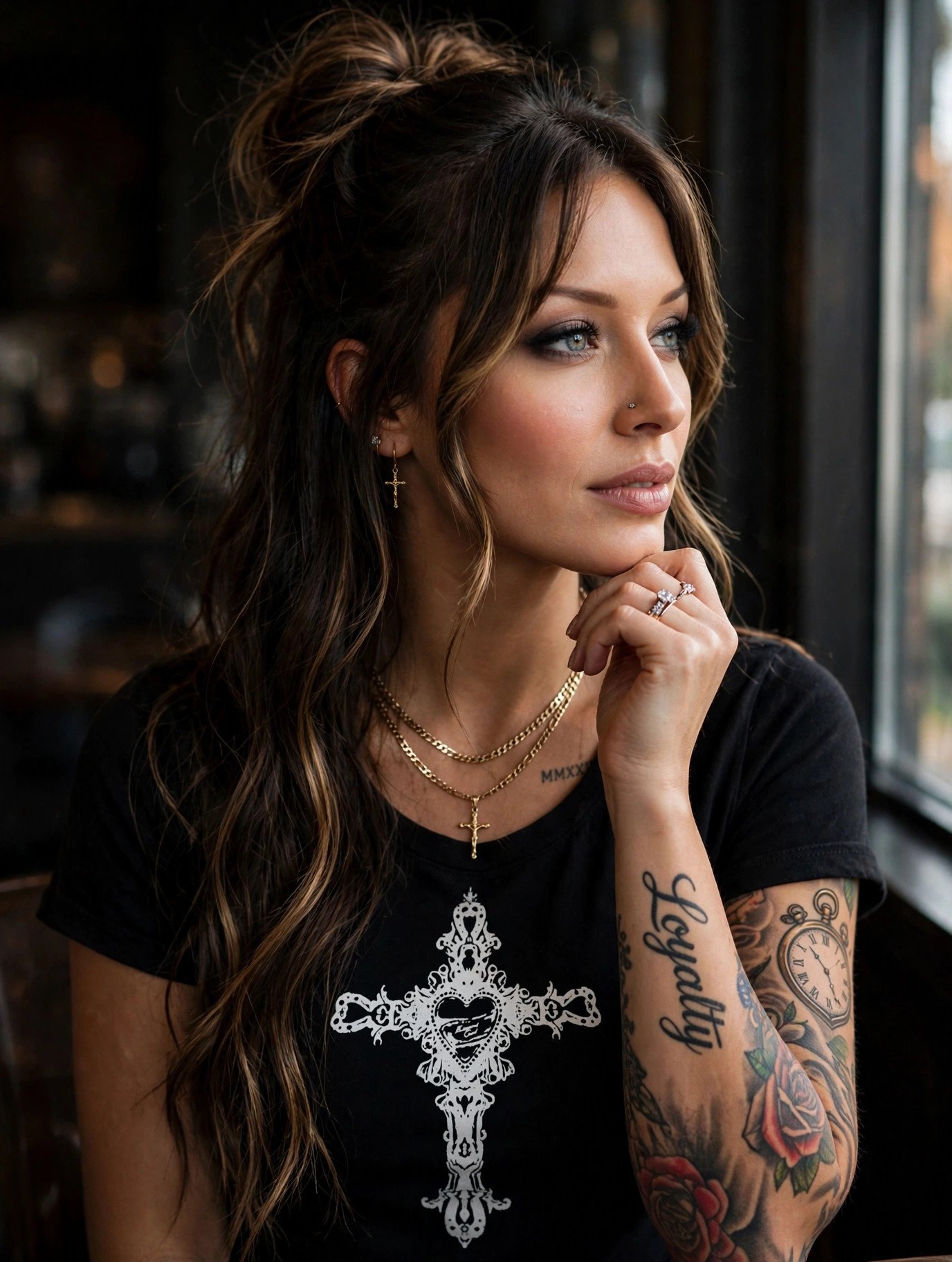 Jelah in profile wearing a black tee with an ornate silver baroque cross
