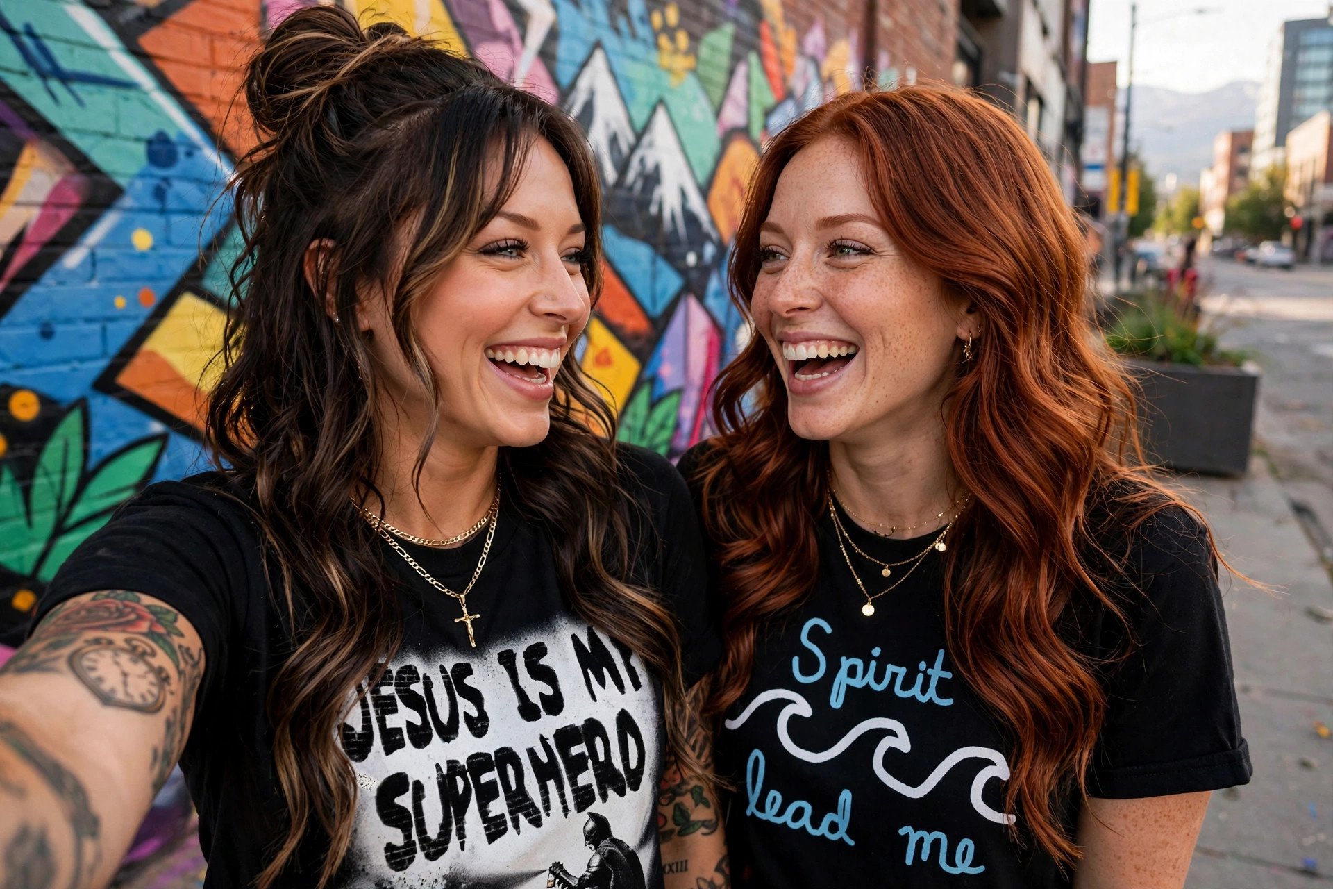 Jelah and Marley laughing together — Jelah wearing the Jesus Is My Superhero tee, Marley wearing the Spirit Lead Me tee