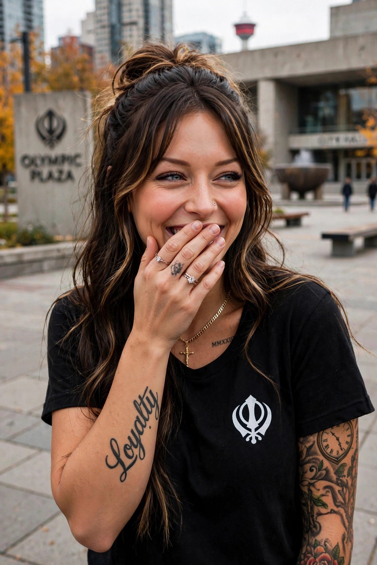 Jelah laughing at Olympic Plaza, wearing a black tee with a white Khanda emblem