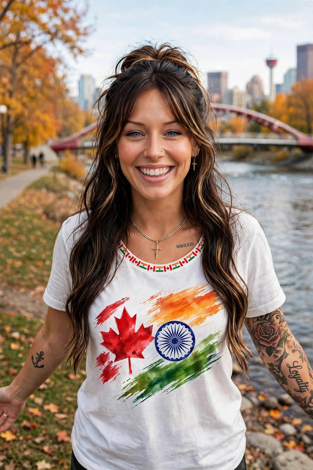 Jelah by the river wearing a white tee blending the Canadian maple leaf with the Indian flag