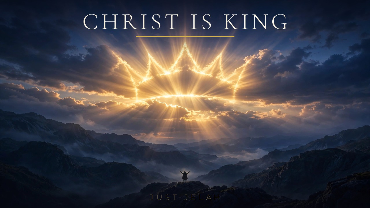 Christ Is King song artwork — a crown of golden light breaking through storm clouds over mountain peaks
