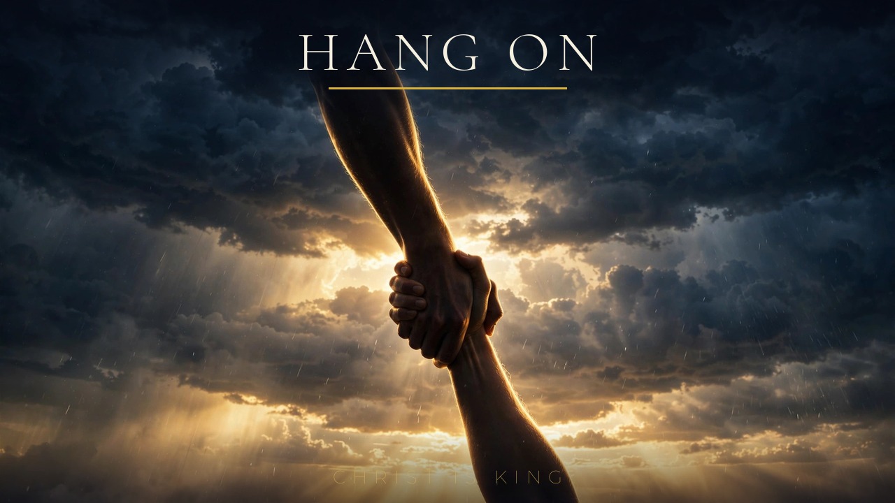 Hang On song artwork — one hand gripping another against a stormy golden sky