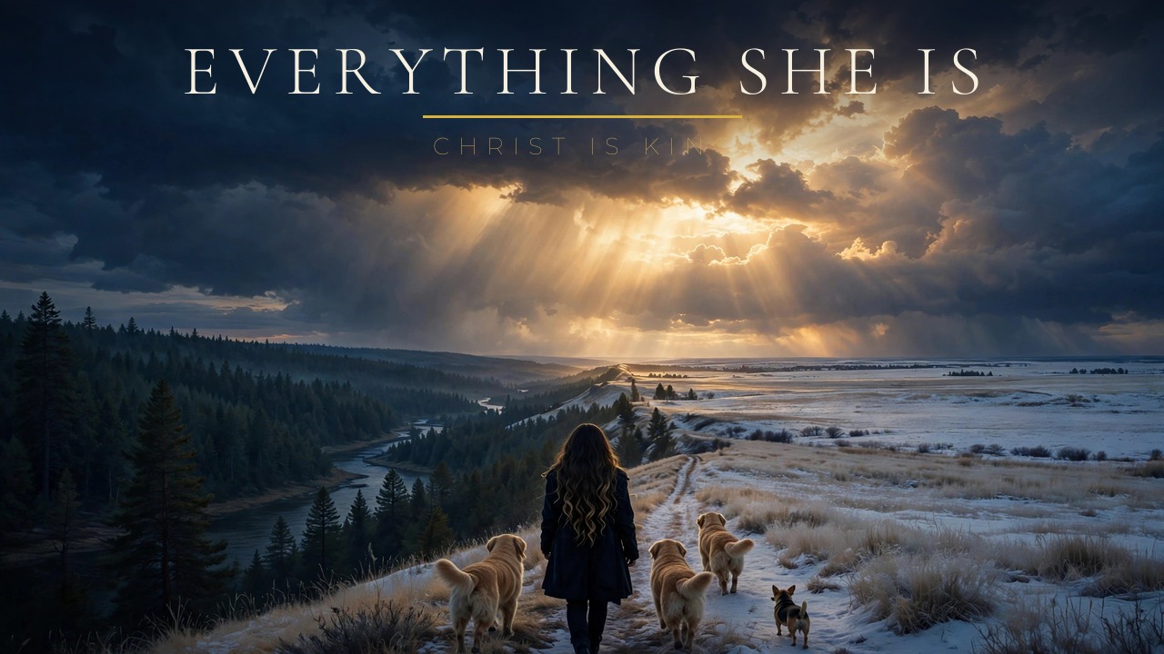 Everything She Is song artwork — a woman walking her dogs along a snowy ridge path as golden light breaks through storm clouds