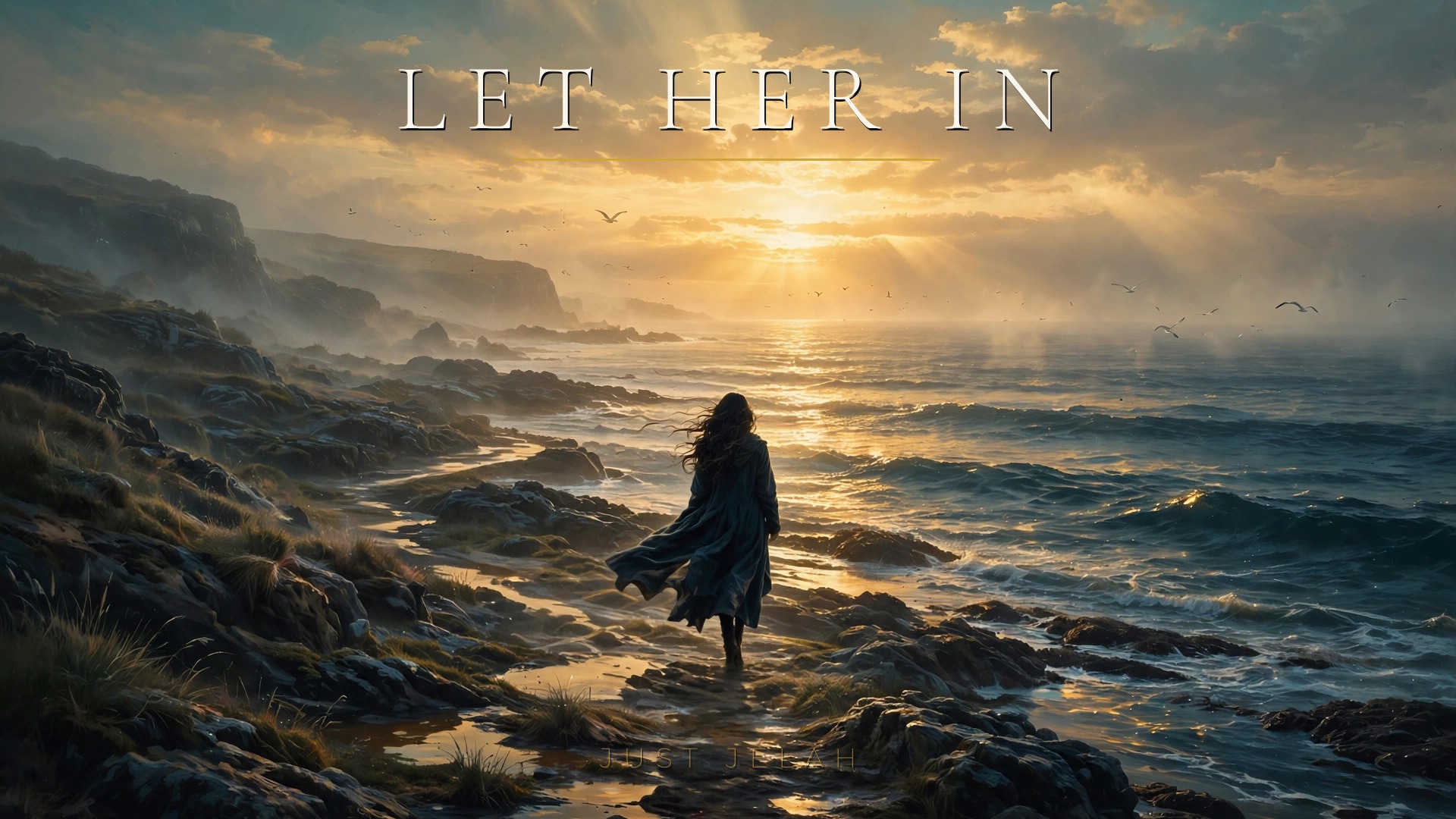 Let Her In song artwork — a woman in a long coat walking a rocky shoreline at golden sunrise