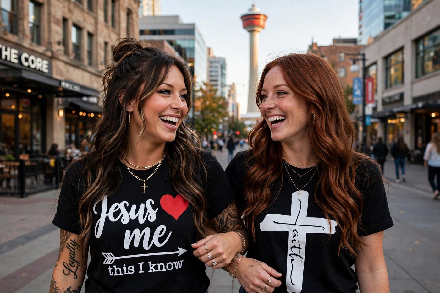 Jelah and Marley laughing arm in arm on Stephen Avenue in the Jesus Loves Me and Faith Cross tees