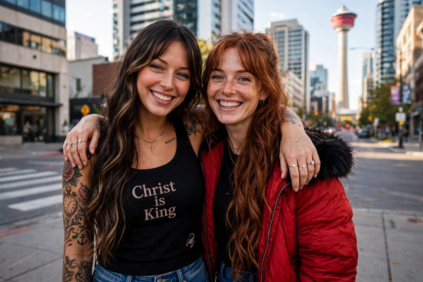 Jelah in the Christ is King top with Marley in her red bomber jacket, Calgary Tower behind them