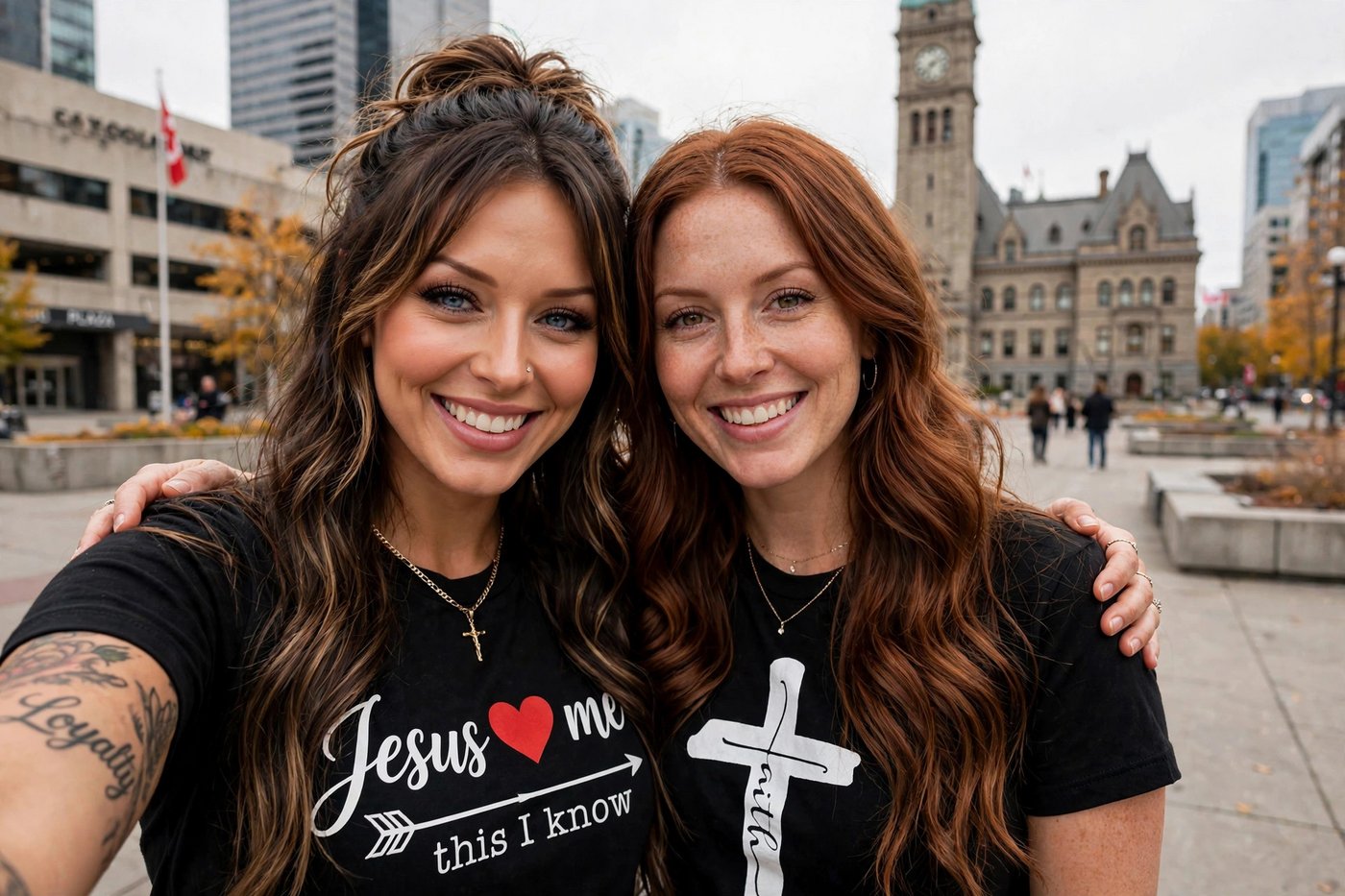 Jelah and Marley cheek to cheek at Olympic Plaza wearing the tees