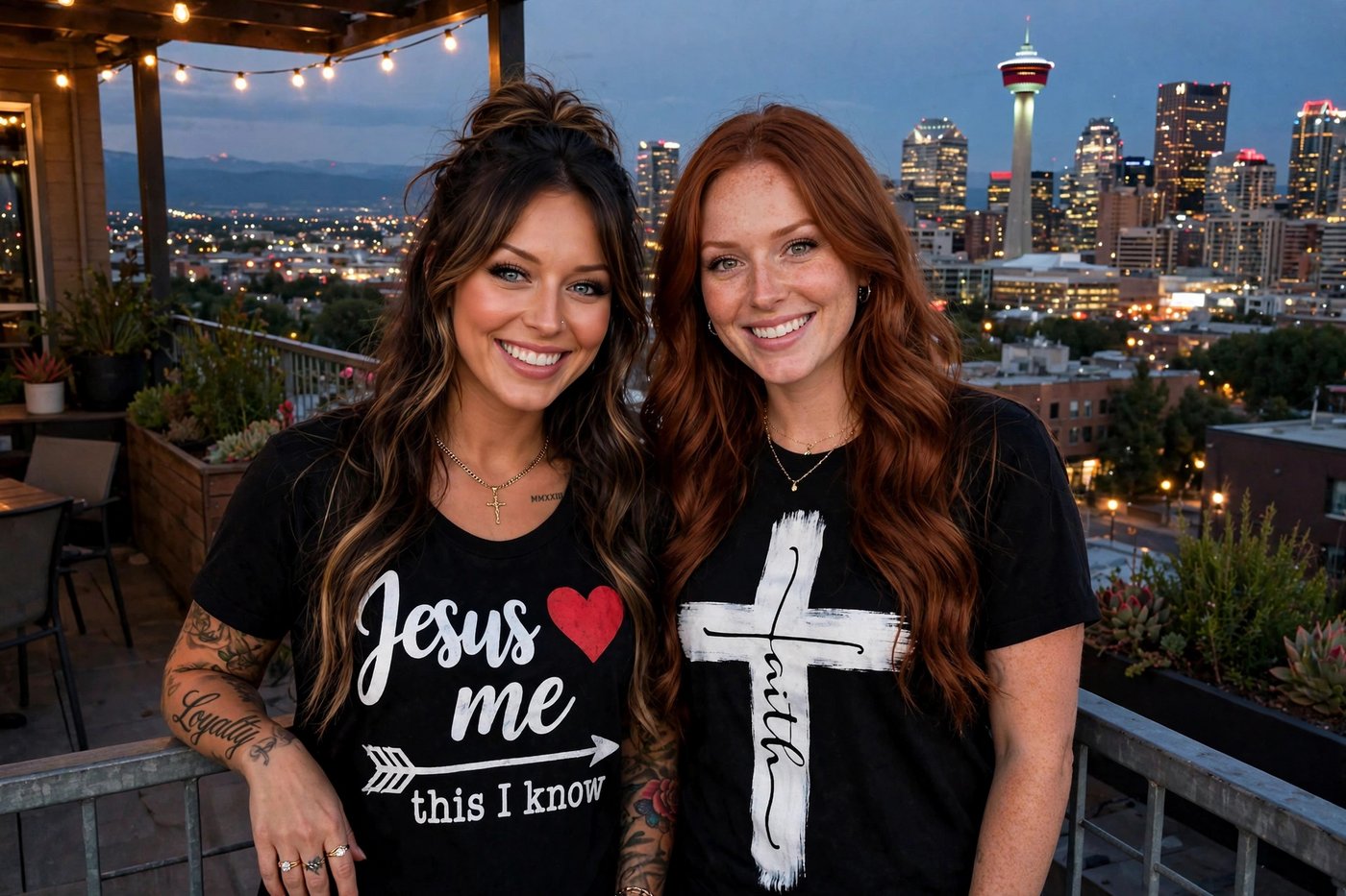 Jelah and Marley on a rooftop at dusk with the lit Calgary skyline behind them