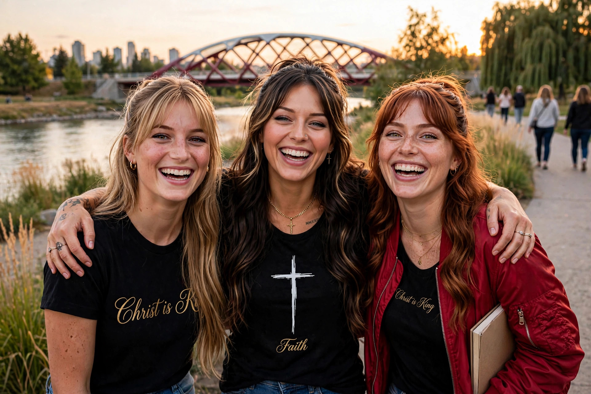 Jelah, Marley and Sadie laughing together arm in arm on St. Patrick's Island — Sadie and Marley in Christ Is King, Jelah in the Faith Cross tee, the Peace Bridge behind them