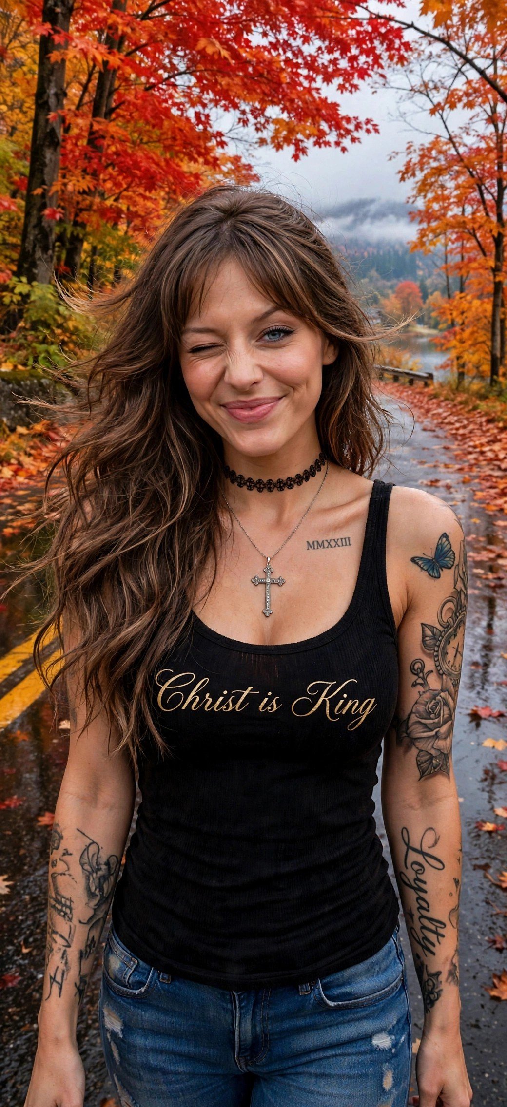 Jelah winking under red autumn maples, wearing her signature black tank with Christ is King in gold cursive and blue jeans