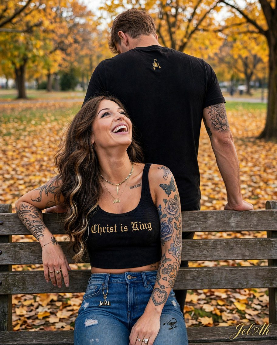 Jelah laughing on an autumn bench in her Christ is King tank, Kalvin standing behind her with his back to the camera — the two names woven into JELKAL