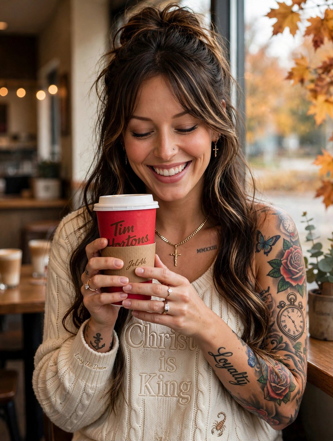 Jelah smiling over a Tim Hortons coffee, her name written on the sleeve